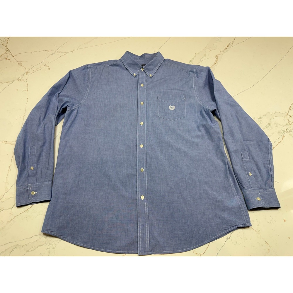 Chaps Mens Blue White Micro Check‎ Button Down Long Sleeve Shirt Size XL Logo